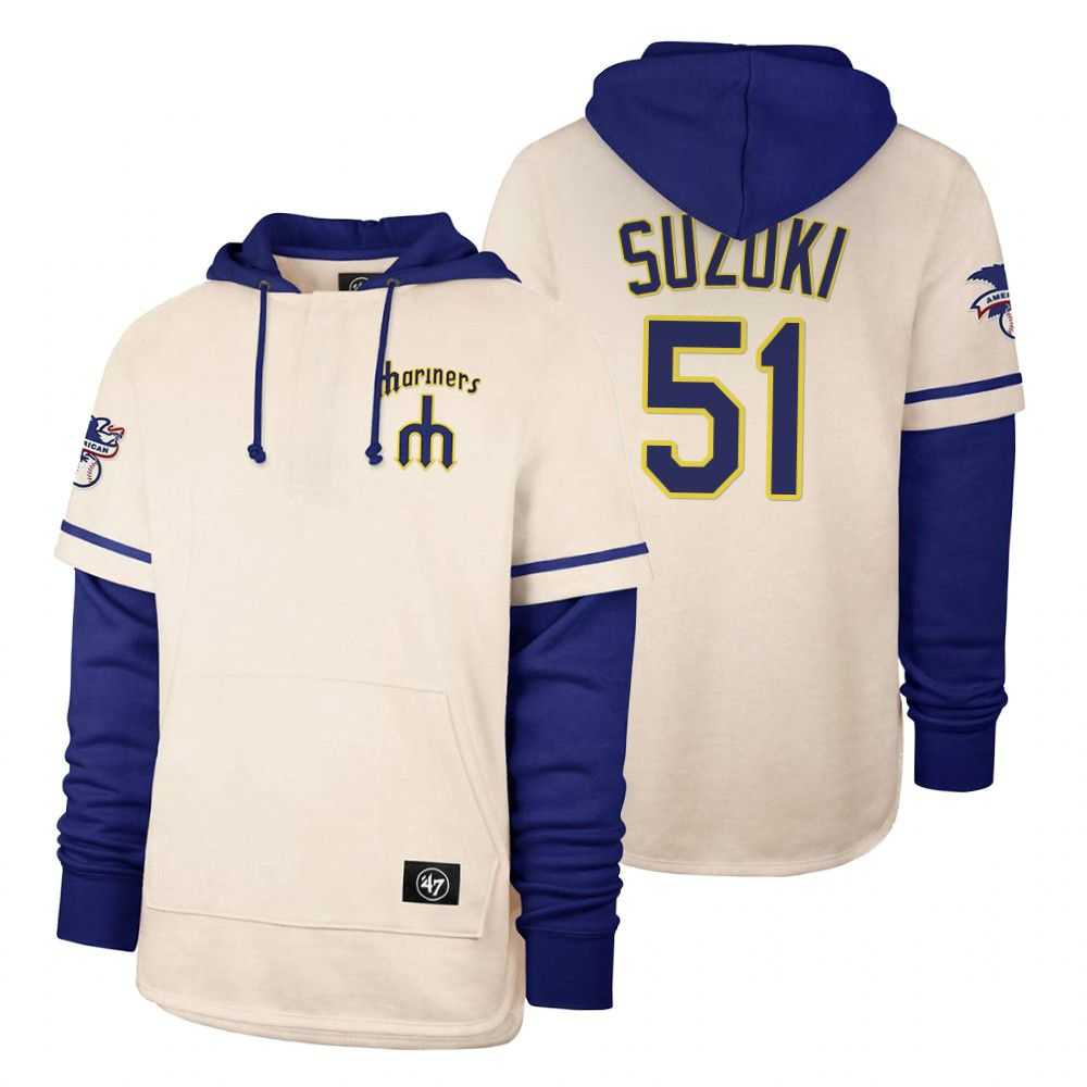 Men Seattle Mariners 51 Suzuki Cream 2021 Pullover Hoodie MLB Jersey